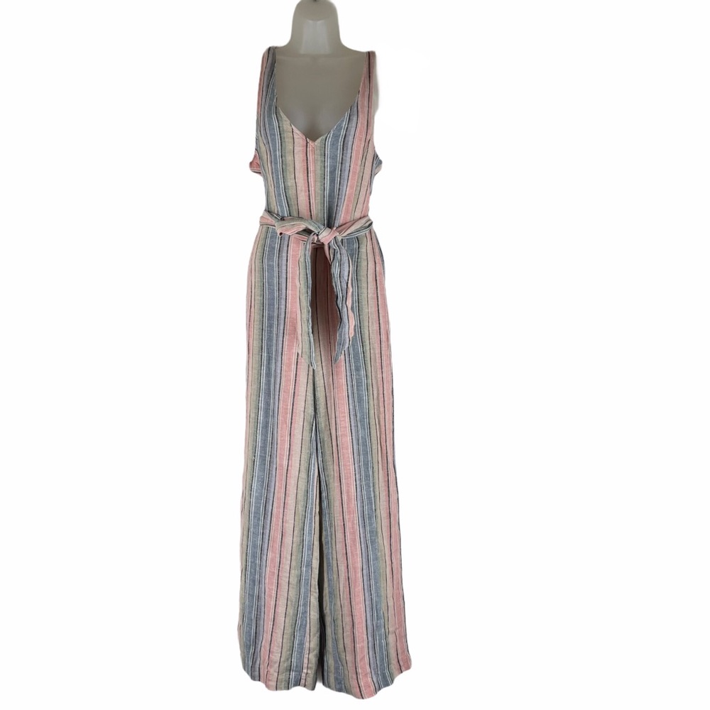 INDIGO REIN Linen Striped Tie Waist Jumpsuit Sz M